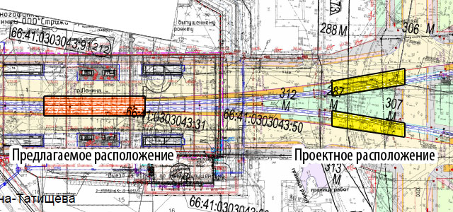 Предлагаемое и проектное размещение остановки в районе "Стражей Урала"