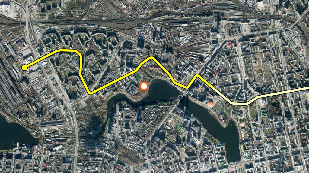 Продление троллейбусного маршрута от метро "Динамо". Желтым показана новая часть маршрута.