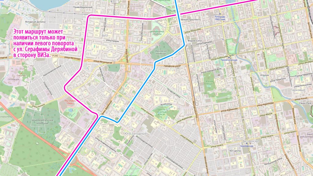 Трамвайный маршрут в сторону ВИЗа и далее в центр может появиться только при наличии левого трамвайного поворота с Серафимы Дерябиной на Волгоградскую.