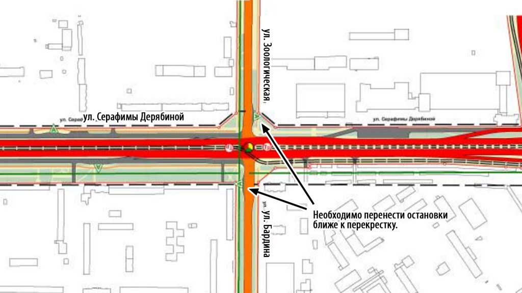 Необходимо перенести остановки ближе к перекрестку с улицей Серафимы Дерябиной.