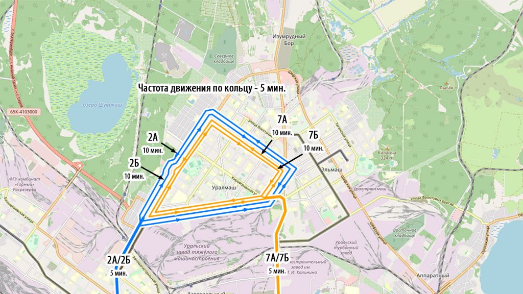 Вариант с разделением входящих в район маршрутов на односторонние кольцевые.